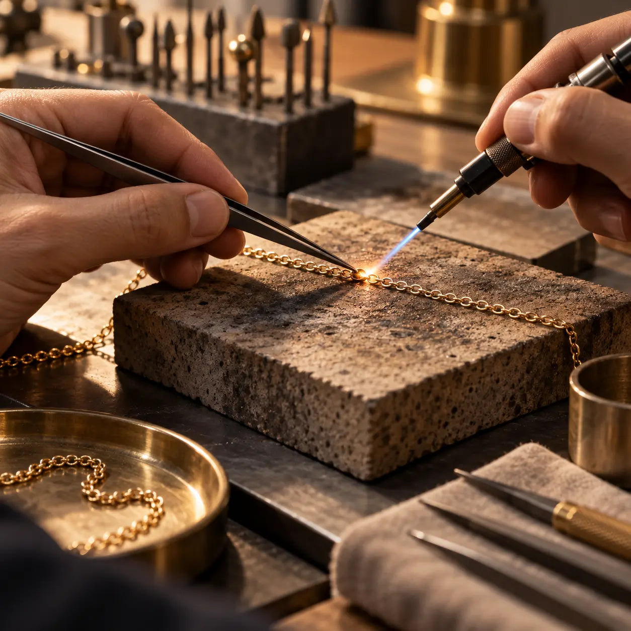 A jeweler carefully working on a gold chain