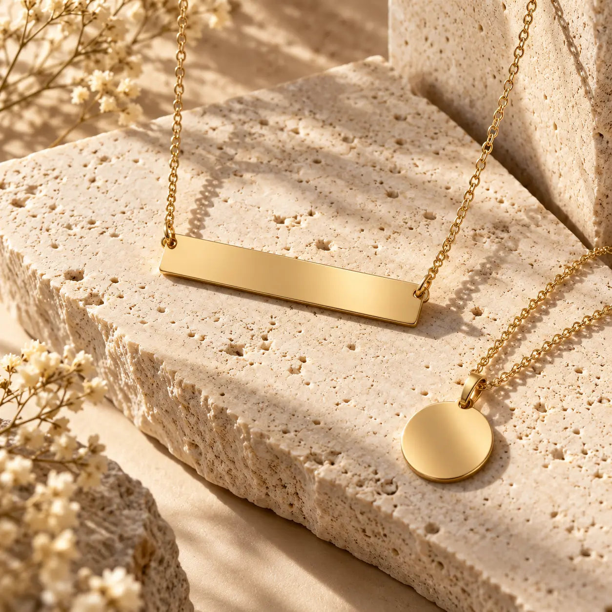 Personalized gold nameplate and initial necklace
